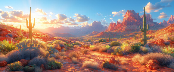 Desert landscape with towering cacti and red rocks