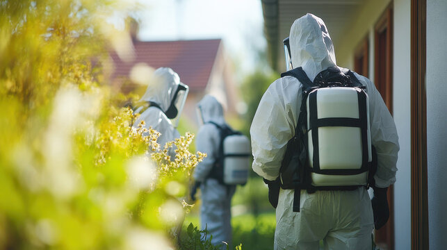 A team of pest control workers inspecting a residential area