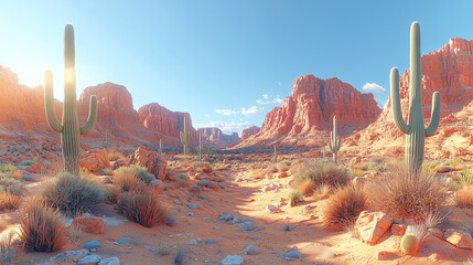 Desert landscape with towering cacti and red rocks