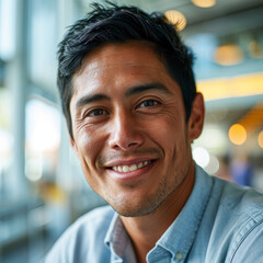 Obraz premium Close-up of smiling young Hispanic businessman in office setting