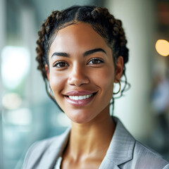 Fototapeta premium Close-up portrait of cheerful businesswoman in office setting