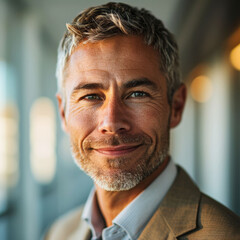 Obraz premium Close-up of smiling businessman in office setting with positive expression