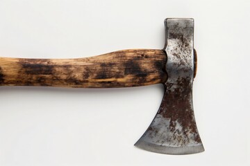 Forestry axe with a wooden handle is lying on a white background, showcasing its rustic and weathered appearance