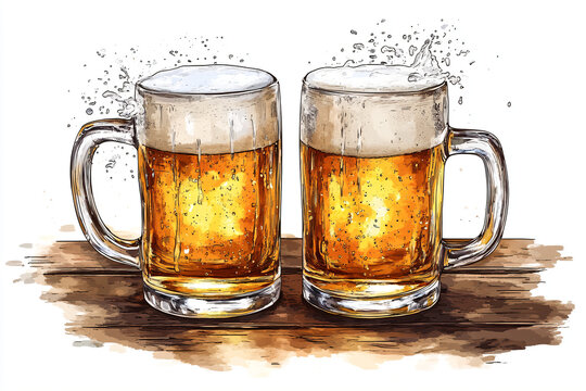 Two mug with cold fresh golden beer clinking together with splashing out on white background. Craft beer on glass on Oktoberfest, international beer day and St. Patrick's day celebration.