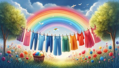 Obraz premium Rainbow Cloths Hanging in a Meadow.