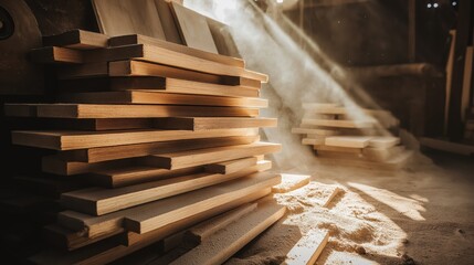 Stack of wooden boards in sunlit sawmill