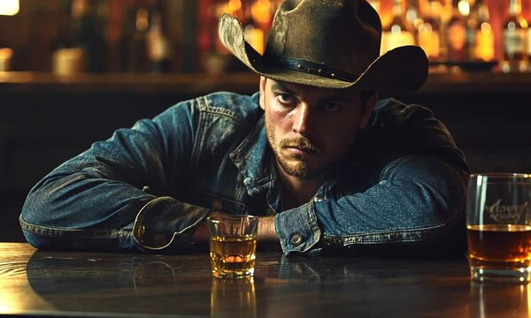 A cowboy sits at a bar, contemplating with drinks nearby.