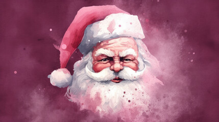 Obraz premium Watercolor of Santa Claus face on a dark pink background