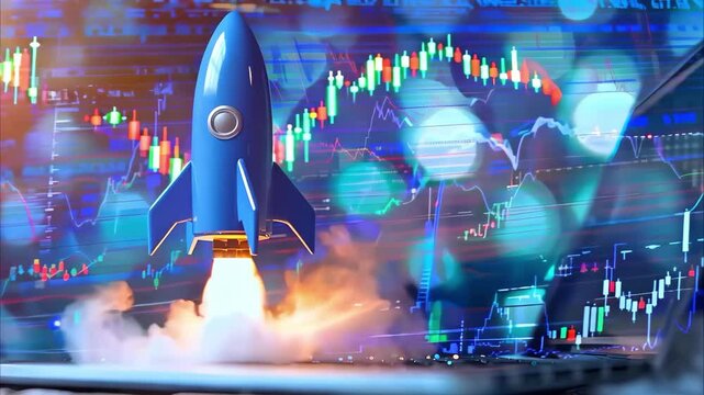 A blue rocket launching over a laptop, with stock market graphs and data blurred in the background, symbolizing innovation or growth.