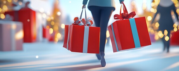 A person carrying vibrant red gift boxes during the festive season, surrounded by a cheerful atmosphere and holiday decorations.