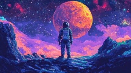 Fototapeta premium Astronaut in a Pixelated Landscape with a Large Red Planet