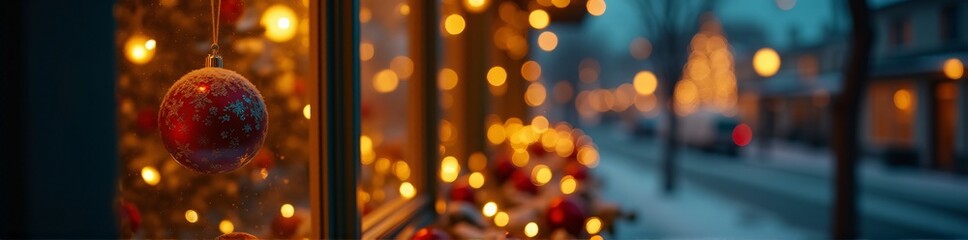 Fototapeta premium 360 degree Christmas decoration on the window. Christmas background with bokeh with Copy space. Christmas and new year concept. HDRI spherical panorama. 