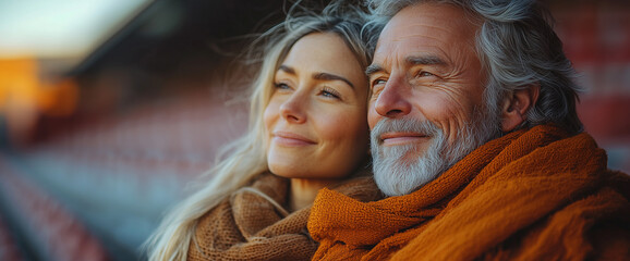Fototapeta premium Elderly man and woman on a morning stadium. Sunshine. Smile. Close up