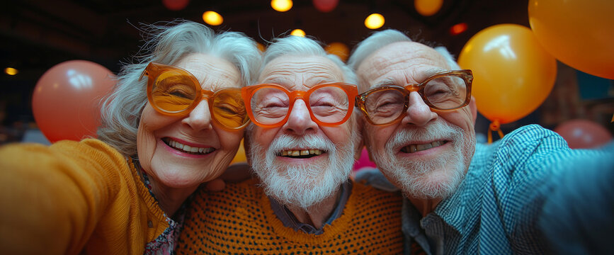 Elderly people celebrating a birthday at the party, wearing colorful and accessories with happy expressions, taking a selfie