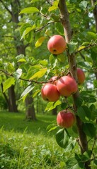 Obraz premium Ripe apples hanging on a tree branch surrounded by lush green foliage in nature