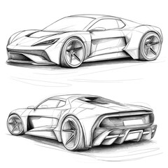 vector drawing of a sports car sketch from different sides with simple lines on a white background .Generative AI