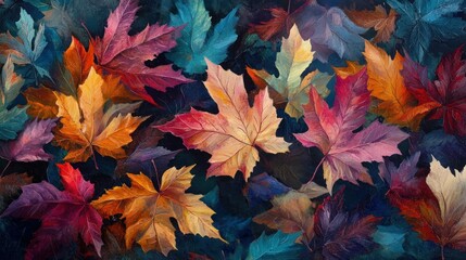 Oil Painting Depicting a Colorful Autumn Leaf Arrangement