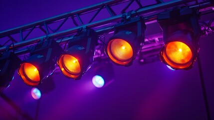 Night sky illuminated by vibrant stage lights and concert spotlights, featuring colorful purple and orange hues in a dynamic composition of theatrical lighting and ambiance.