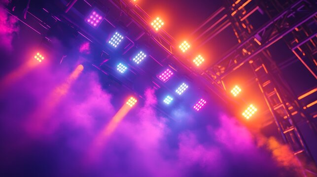 Night sky illuminated by vibrant stage lights and concert spotlights, featuring colorful purple and orange hues in a dynamic composition of theatrical lighting and ambiance.