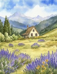 Watercolor lavender field with a cottage and mountain landscape in the background

