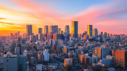 A beautiful panoramic view of the Tokyo skyline at sunset.
