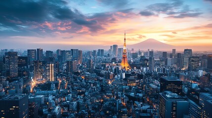 A beautiful panoramic view of the Tokyo skyline at sunset with Mt. Fuji in the background.