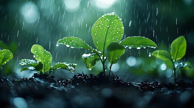 Raindrops on lush green leaves, capturing water droplets and sunlight filtered through rain, in a moody, vibrant nature scene with high detail and cinematic lighting.