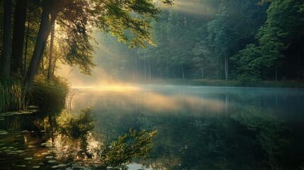 Fototapeta premium Misty Morning Sunlight Reflecting on a Still Forest Lake