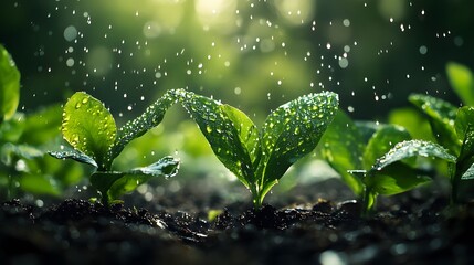 Raindrops on lush green leaves, capturing water droplets and sunlight filtered through rain, in a moody, vibrant nature scene with high detail and cinematic lighting.