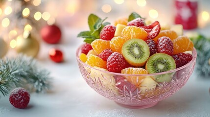 Christmas fruit salad with kiwi, tangerine, raspberries and mint.