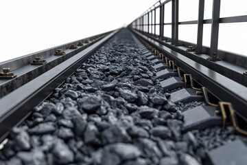 Obraz premium Coal conveyor belt disappearing into the distance with a safety railing on the right and a white background