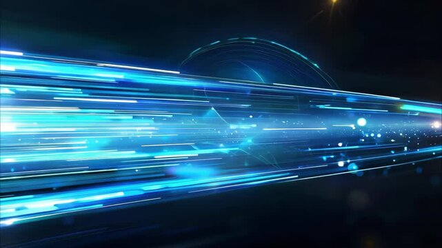 An abstract image featuring dynamic blue light streaks, conveying a sense of speed and motion through a dark background.
