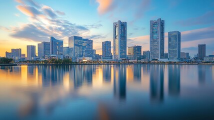 A panoramic view of the Yokohama skyline at sunset, showcasing modern architecture and a vibrant cityscape.