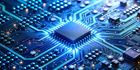 Obraz premium Close-up of advanced circuit board with vibrant blue lights, technology, futuristic, electronic, motherboard, innovation