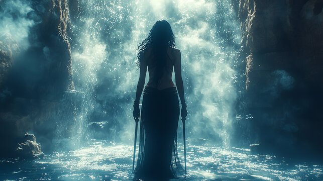 Female fantasy warrior with two swords stands in the center of pool, detailed background, fantasy costume