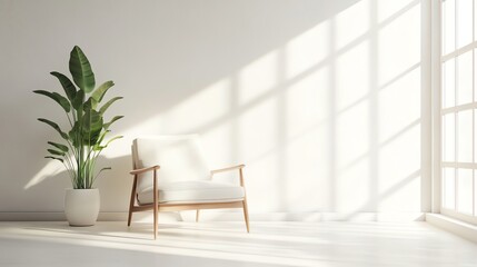 A white armchair in a bright living room with a large window.