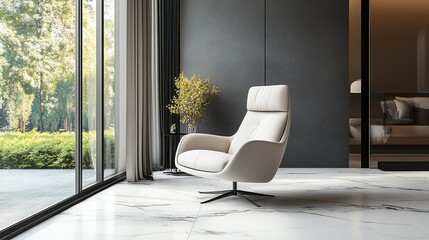 A comfortable white armchair in a modern living room with a large window and a grey wall.