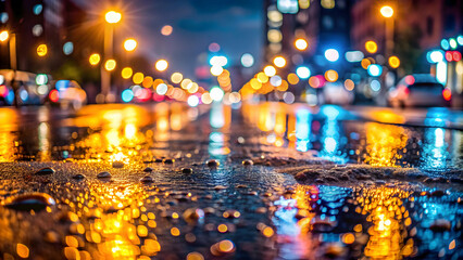 Obraz premium Close up of raindrops on city road with bokeh of city lights , Rain, city, road, surface, close up, raindrops, bokeh, lights