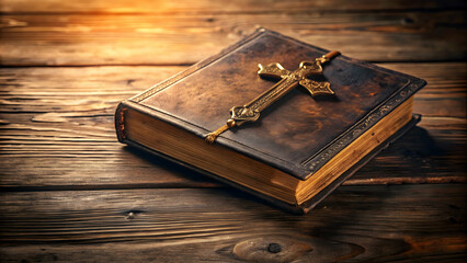 Ancient bible with cross on desk, faith, religion, holy, Christianity, spiritual, sacred, scripture, gospel, ancient, religious, belief