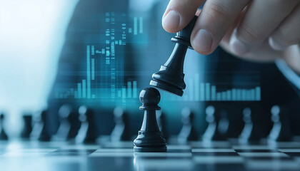 hand holding chess board market graphs