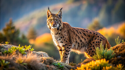 Obraz premium Iberian lynx hunting in the Sierra de Andujar, Spain , Iberian lynx, hunting, Sierra de Andujar, Spain