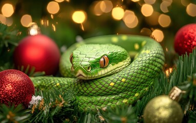 Fototapeta premium Christmass green snake. Snake year