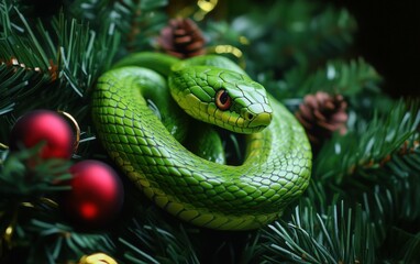 Fototapeta premium Christmass green snake. Snake year