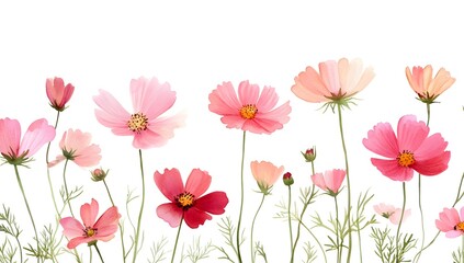 Beautiful pink cosmos flowers with a watercolor painting effect on a white background,