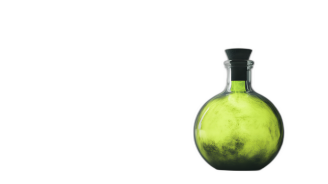 A witches potion bottle glowing with green mist isolated on a plain white background