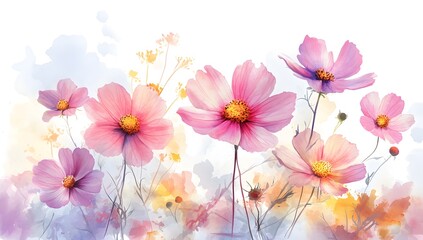 Beautiful pink cosmos flowers with a watercolor painting effect on a white background,