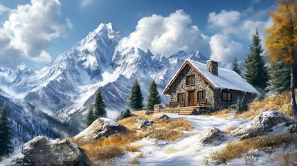 Fototapeta premium Snowy mountain landscape with a rustic stone cabin, majestic peaks, and dramatic clouds, creating a serene high-altitude setting with photorealistic rendering.