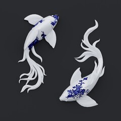 Porcelain decorative fish of the Japanese carp Koi. Isolated on a black background. Top view. 3d render in high resolution