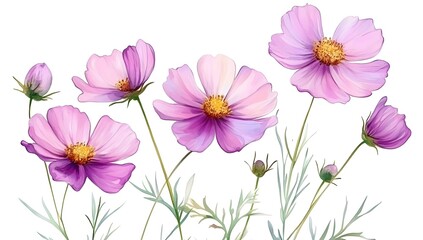 Beautiful pink cosmos flowers with a watercolor painting effect on a white background,