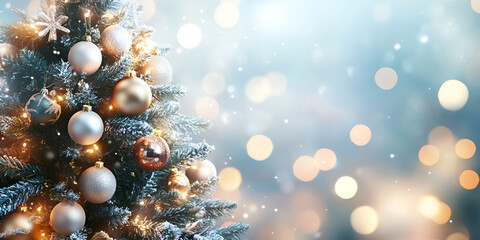 Fototapeta premium Festive Christmas Tree with Red and Silver Ornaments